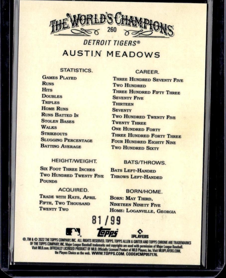 2022 Topps Allen & Ginter Chrome Austin Meadows Green #/99 Detroit Tigers 001