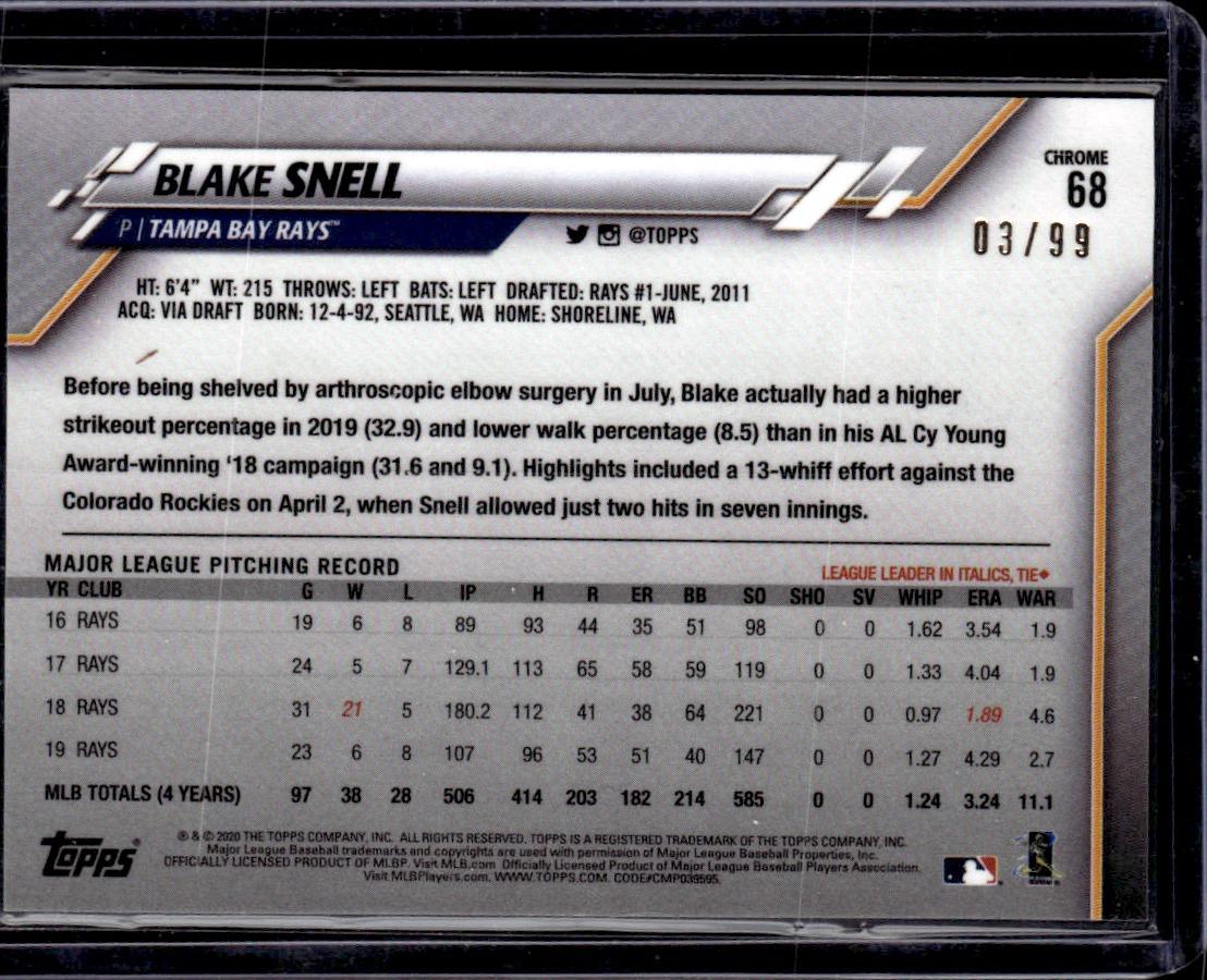 2020 Topps Chrome Blake Snell Green Refractor #/99 Tampa Bay Rays 001