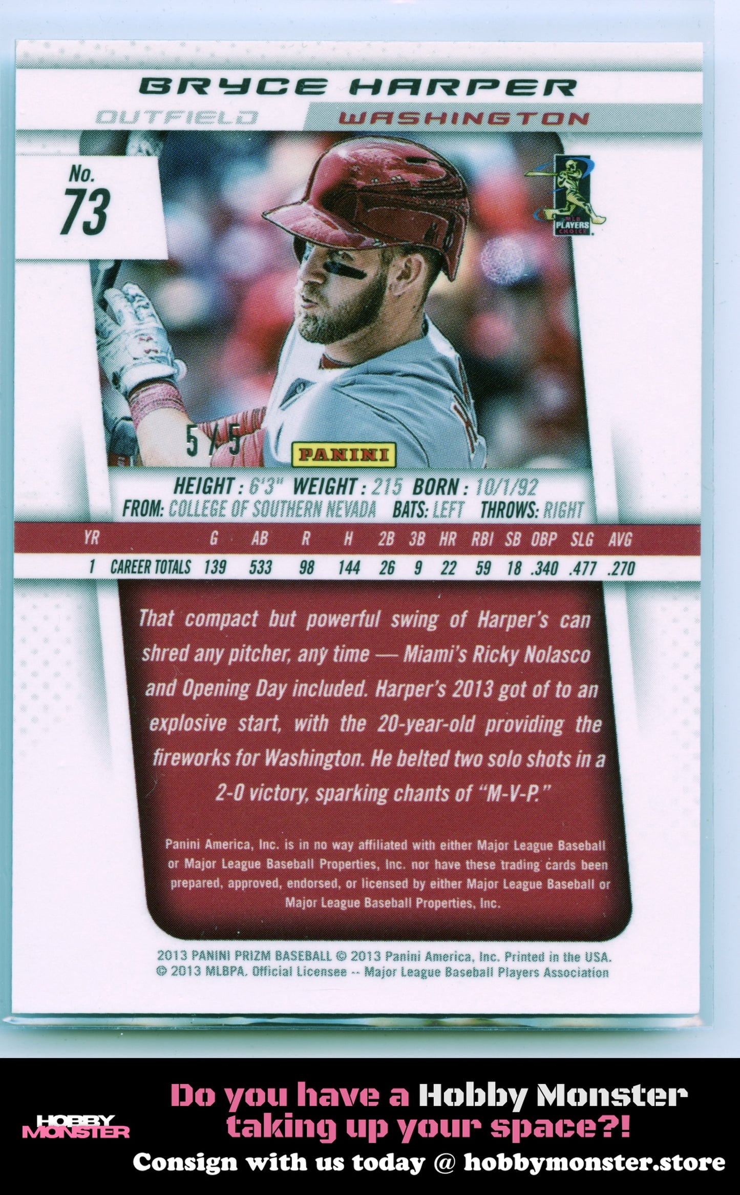 2013 Panini Prizm Bryce Harper 2014 Summit /5 Washington Nationals