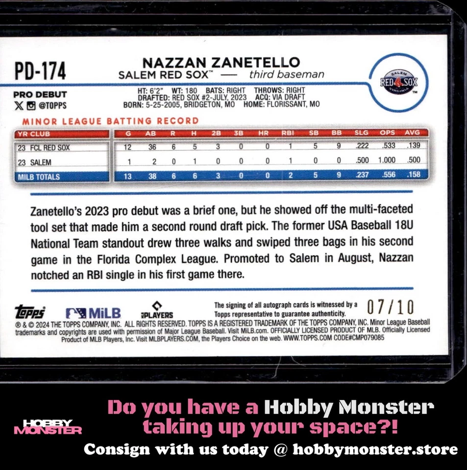 2024 Topps Pro Debut Nazzan Zanetello Autographs Red Auto #/10 Salem Red Sox|109