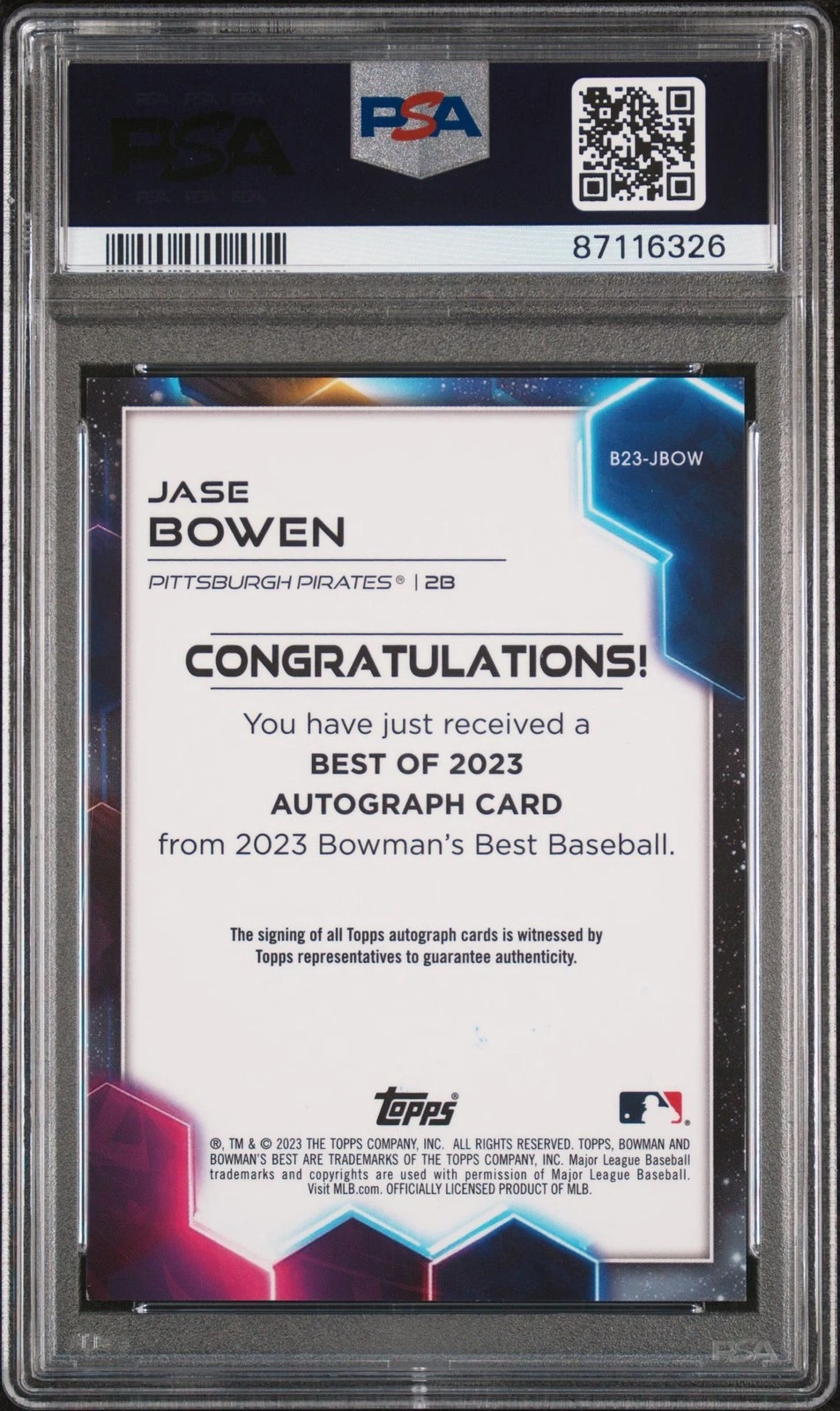2023 Bowman's Best Jase Bowen Auto Red /10 Pirates PSA 9