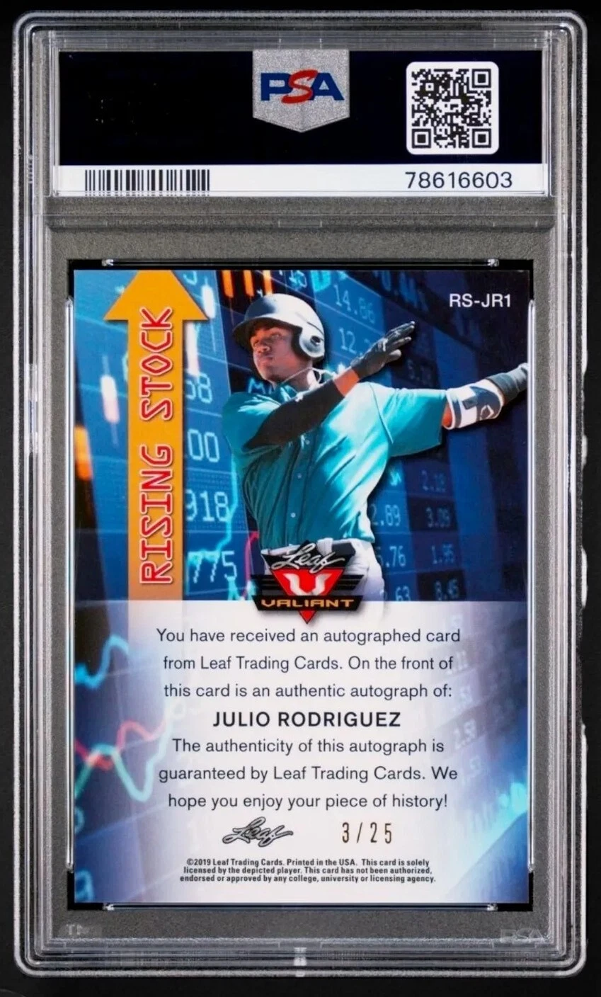 2019 Leaf Valiant Rising Stock Julio Rodriguez Navy Auto /25 Mariners PSA 9