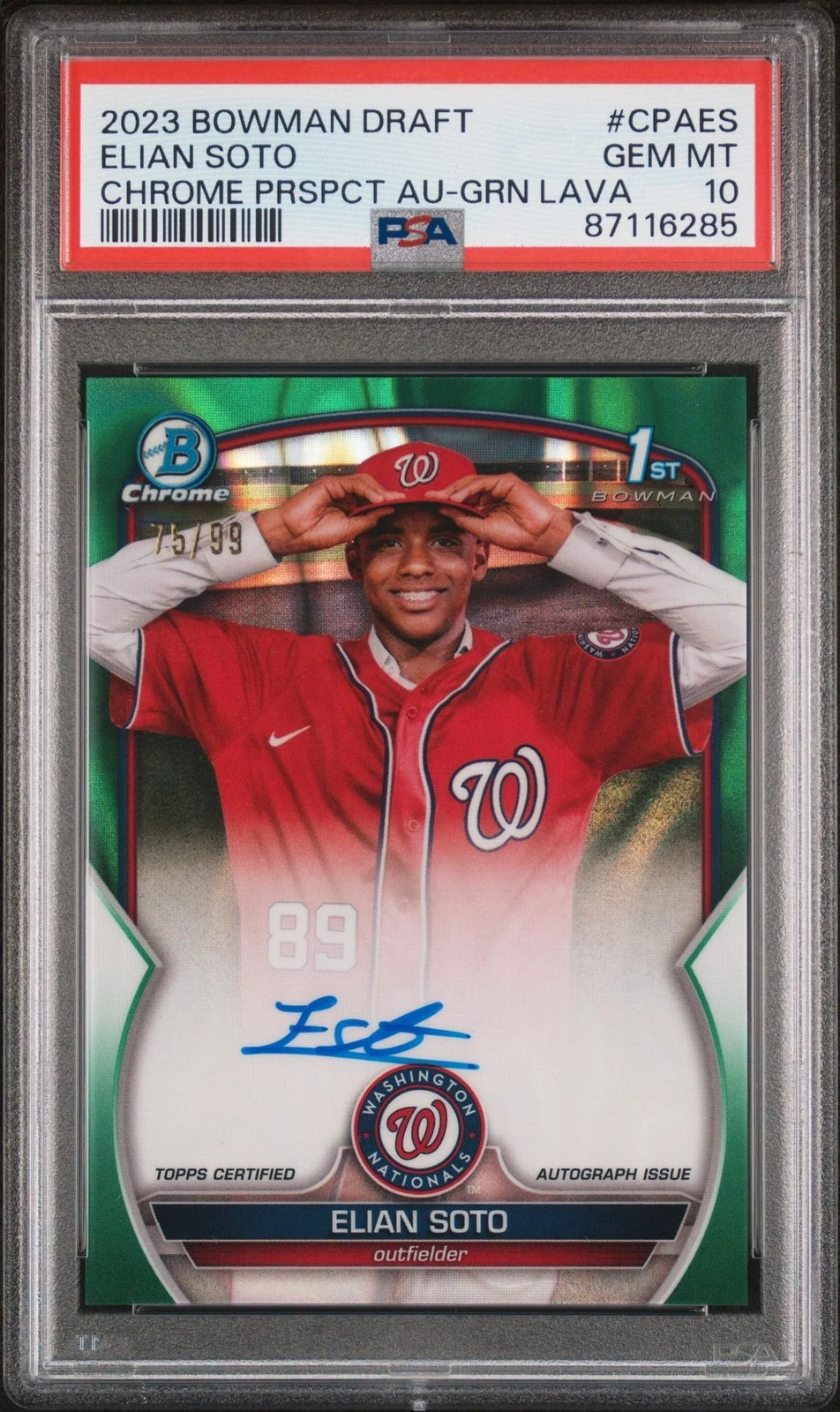 2023 Bowman Draft Elian Soto Chrome Green Lava Auto Nationals PSA 10