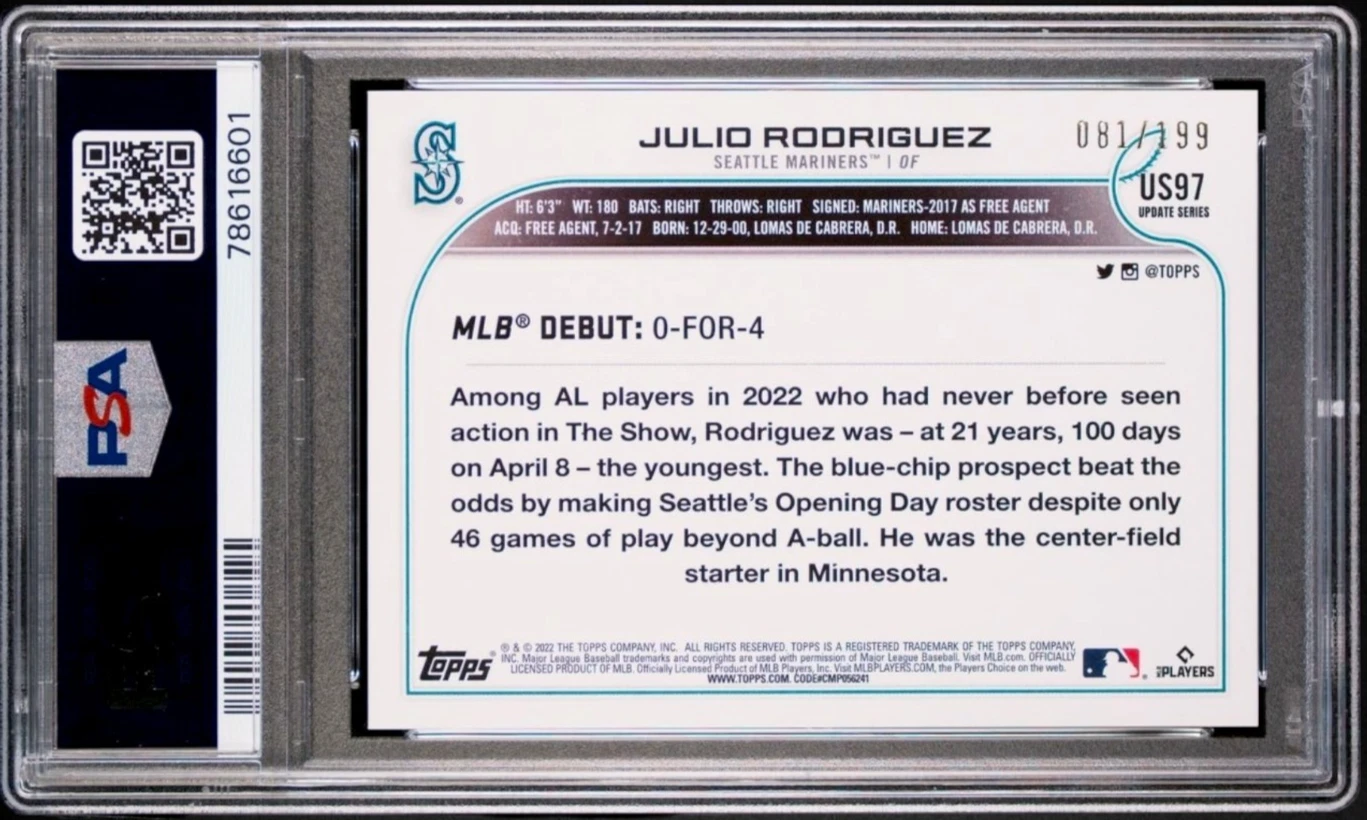 2022 Topps Update US97 Julio Rodriguez RC Red Foil /199 PSA 9