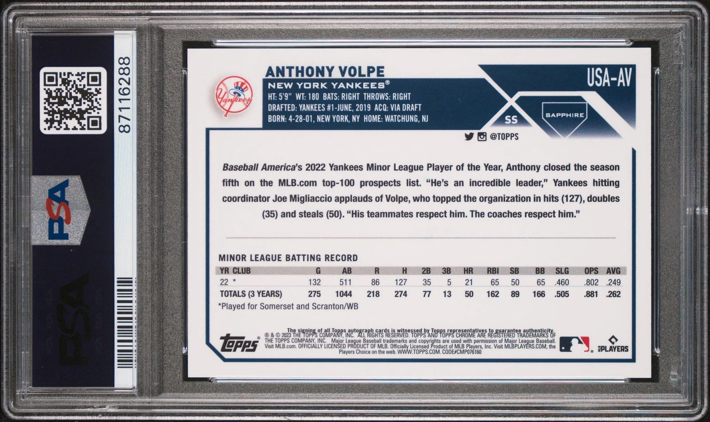 2023 Topps Chrome Update Sapphire Autograph Anthony Volpe /199 Yankees PSA 9