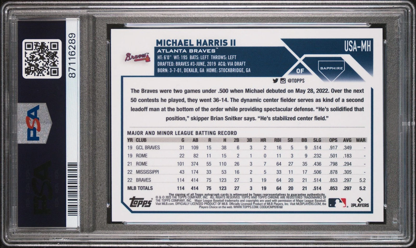 2023 Topps Chrome Update Sapphire Edition Autograph Michael Harris /199 PSA 10
