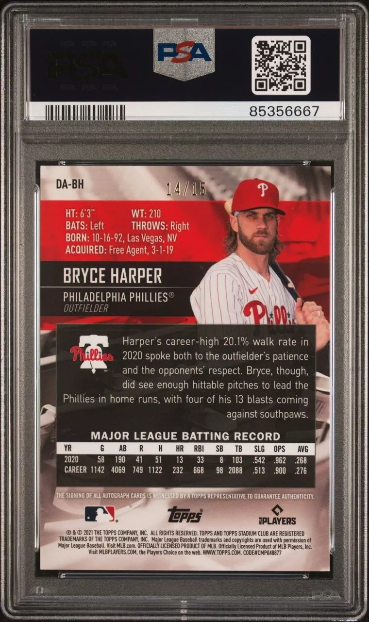 2021 Stadium Club Chrome Bryce Harper 1991 Refractor Auto /15 PSA 10