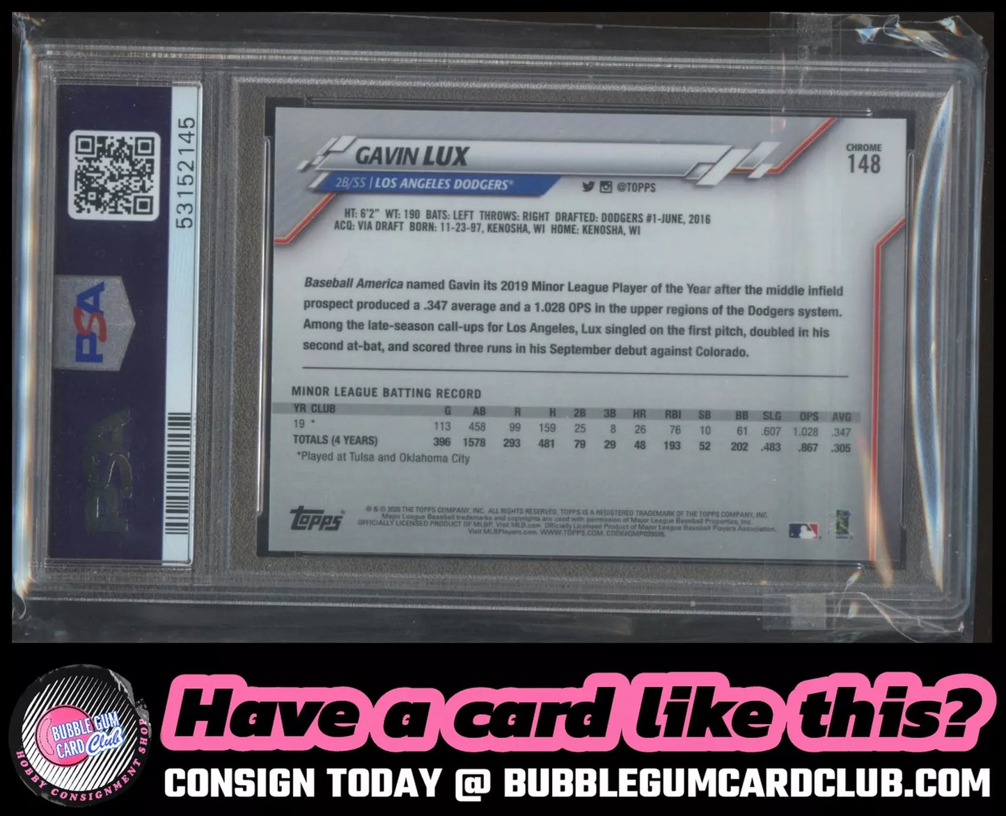 2020 Topps Chrome Gavin Lux Rookie Los Angeles Dodgers PSA 9