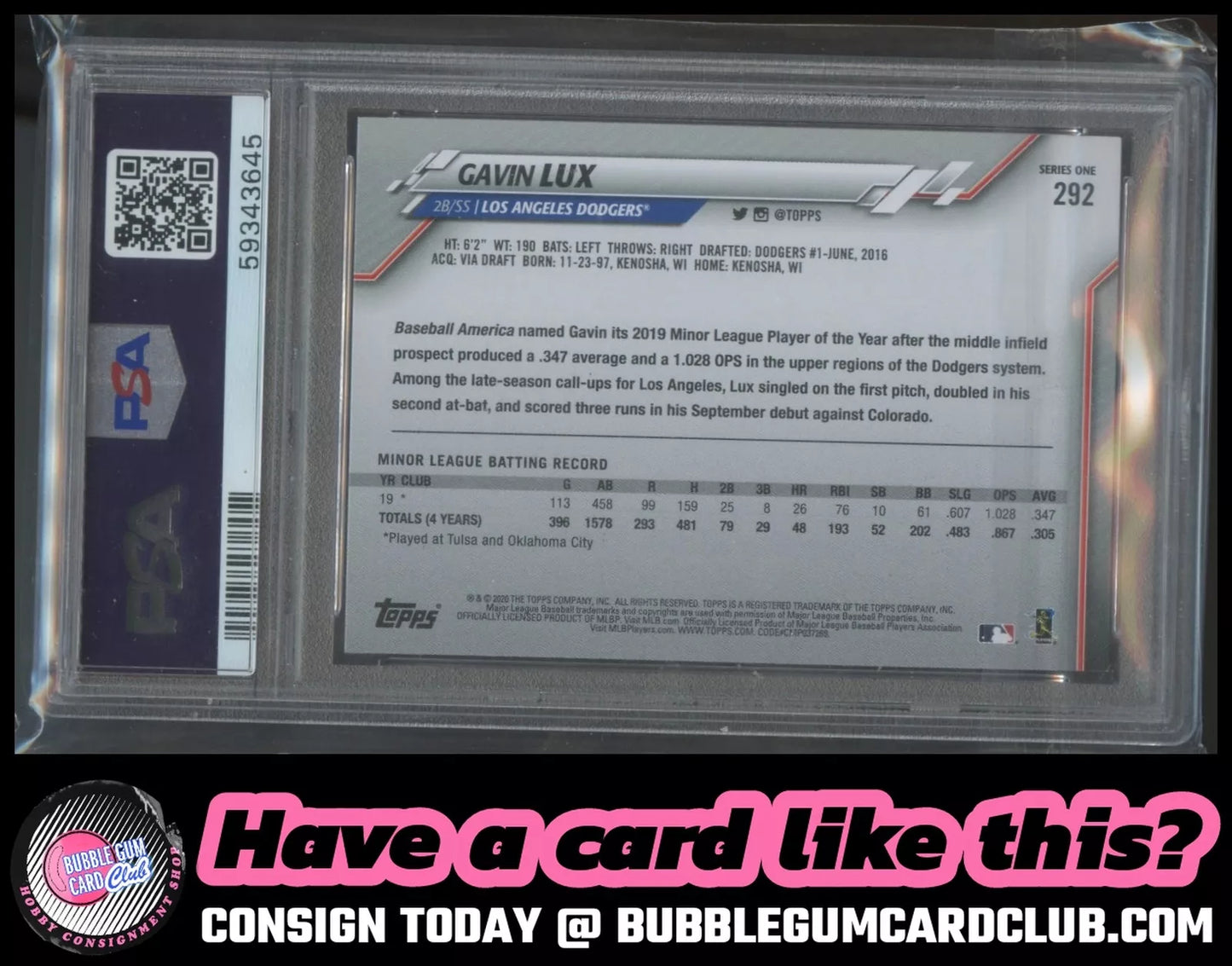 2020 Topps Gavin Lux Rookie Los Angeles Dodgers PSA 9
