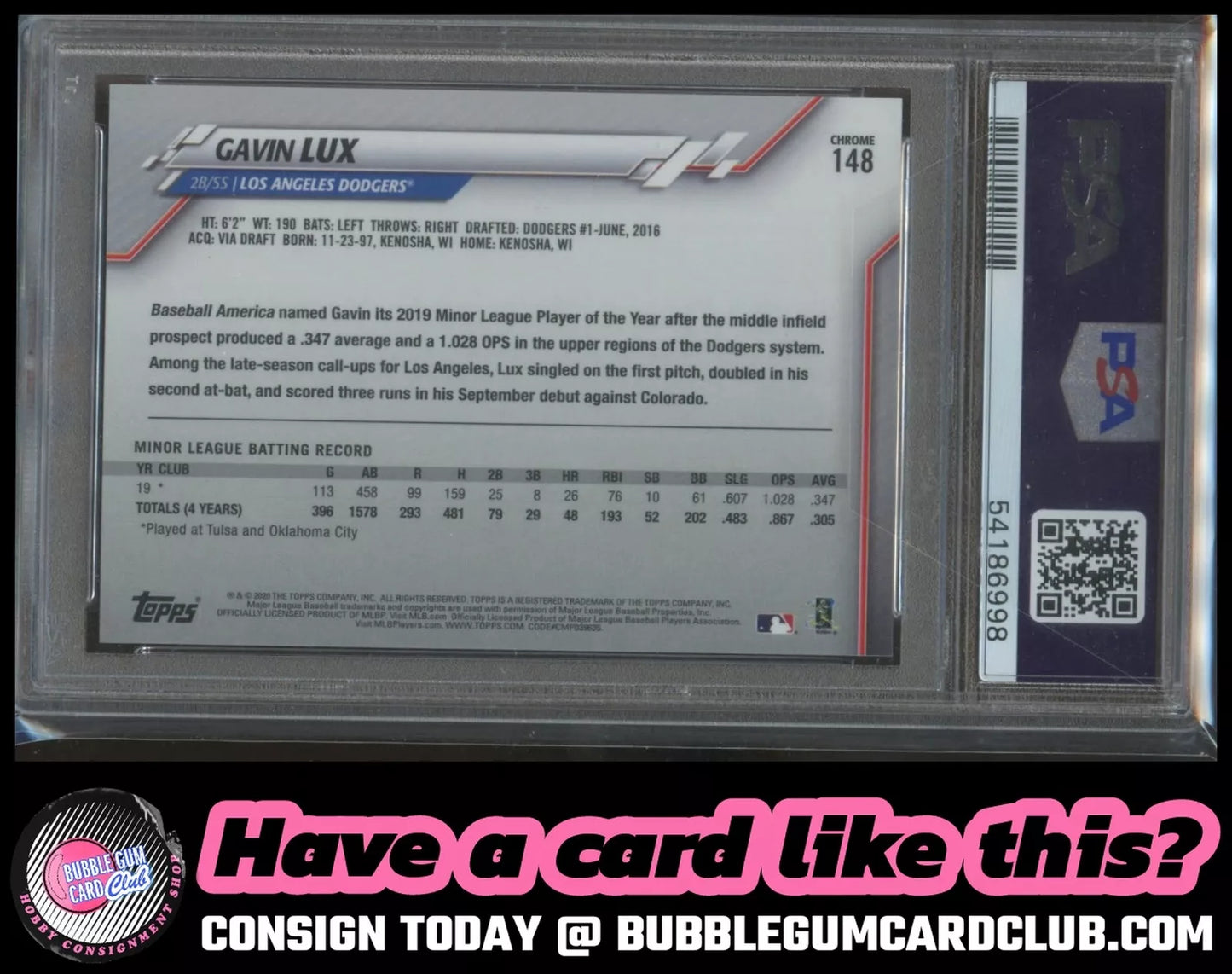 2020 Topps Chrome Gavin Lux SP Los Angeles Dodgers PSA 10