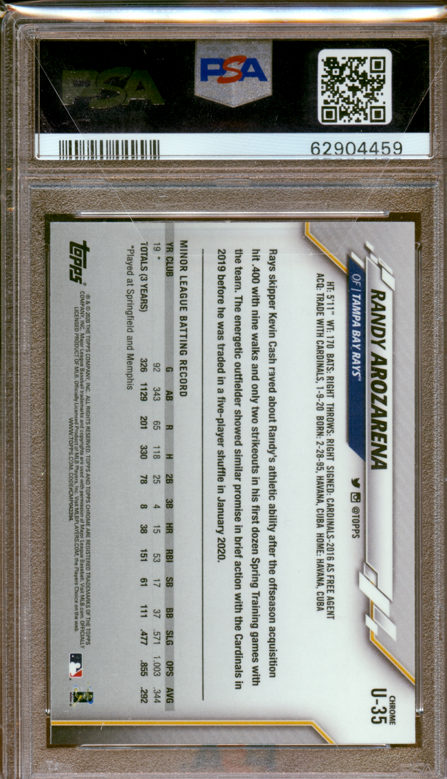 2020 Topps Chrome Update Randy Arozarena Rookie Tampa Bay Rays PSA 10