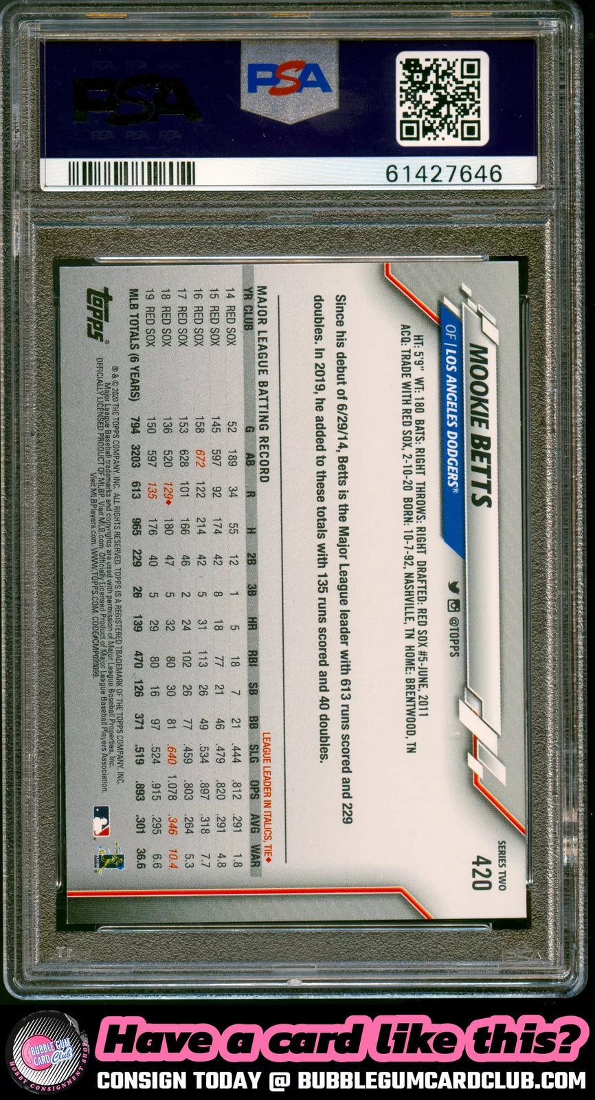 2020 Topps Mookie Betts 582 Montgomery Los Angeles Dodgers PSA 9