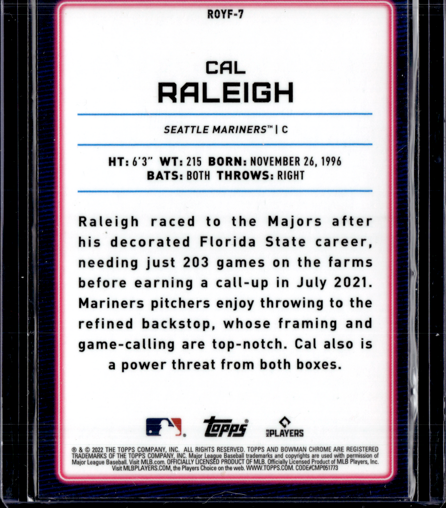 2022 Bowman Cal Raleigh Rookie of the Year Fav RC Seattle Mariners
