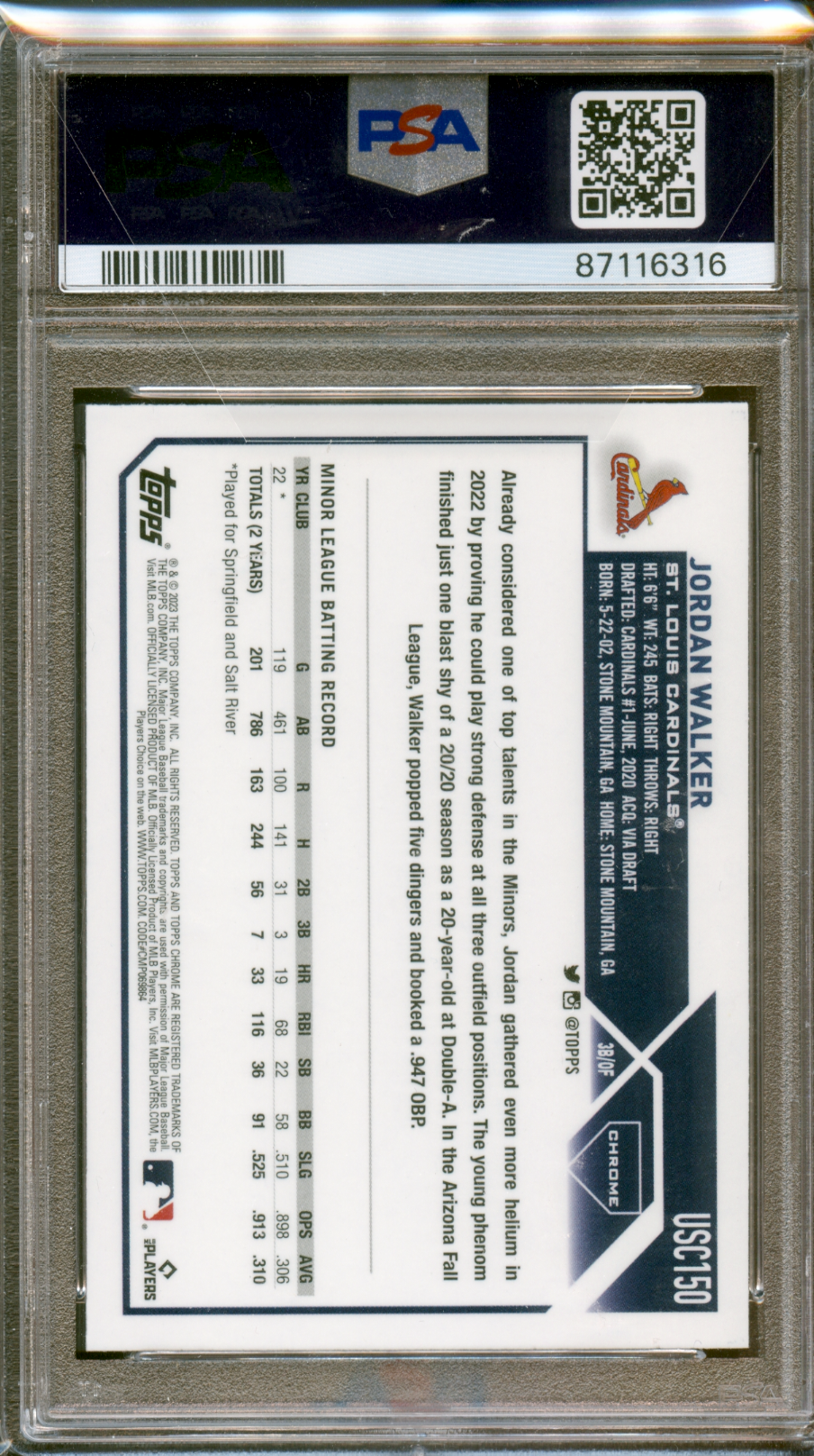 2023 Topps Chrome Update Jordan Walker Sp St. Louis Cardinals PSA 10