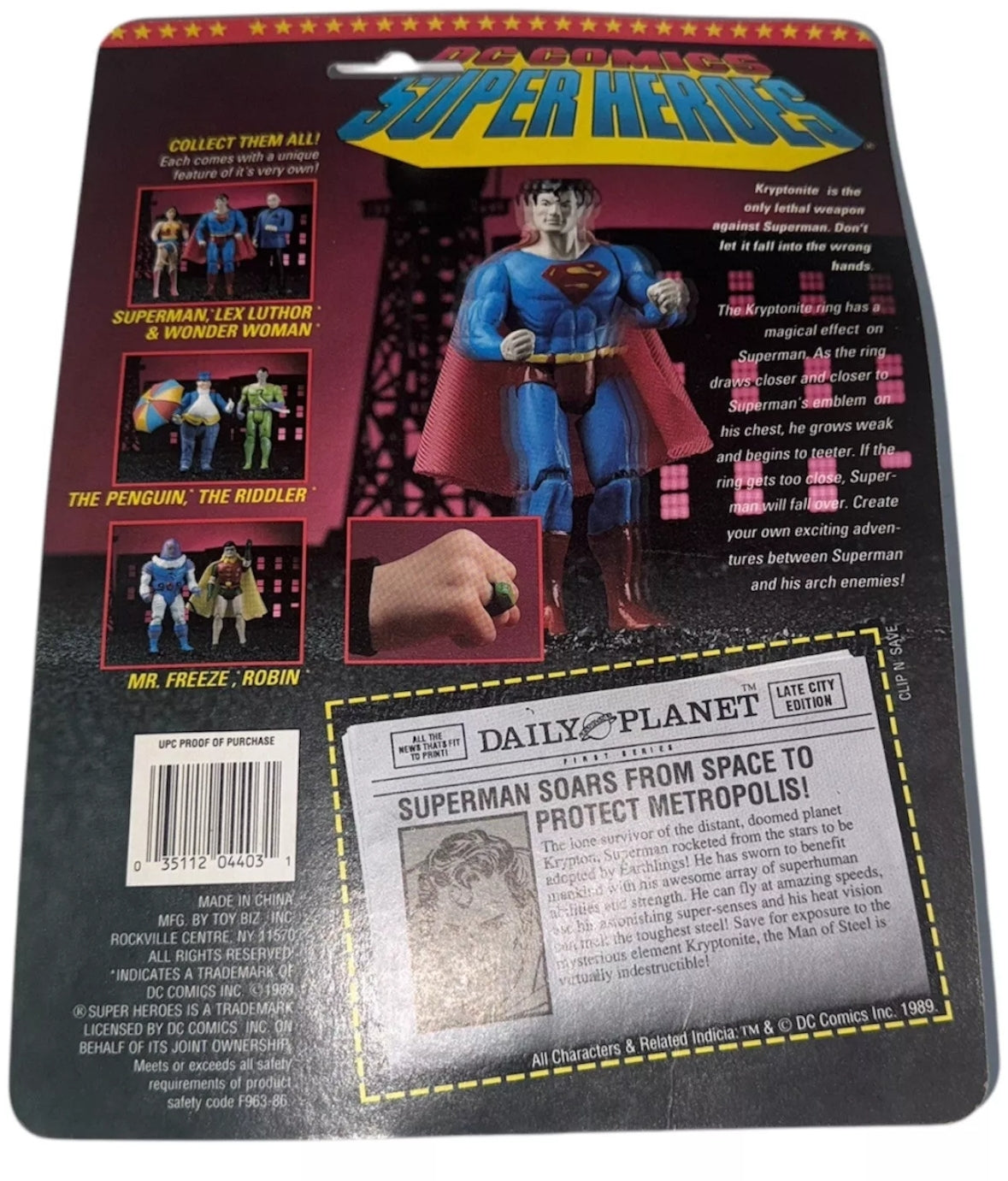 1989 ToyBiz Superman DC Comics Super Heroes Action Figure Kryptonite Ring