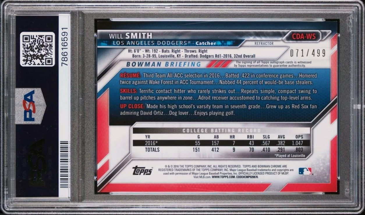 2016 Bowman Chrome Draft Will Smith 1st Auto Refractor /499 SP Dodgers PSA 9