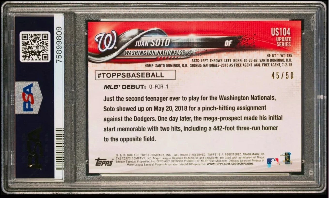 2018 Topps Update Juan Soto Rookie Debut Hot Pink RC #US104 /50 PSA 8 Nationals Mets