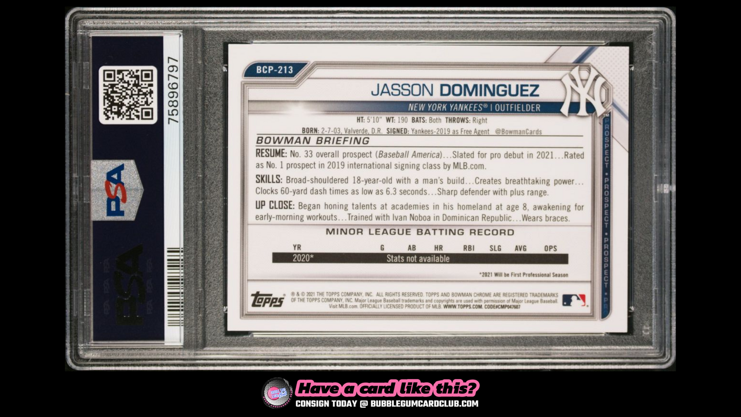 2021 Bowman Chrome Jasson Dominguez Orange /25 Yankees PSA 10