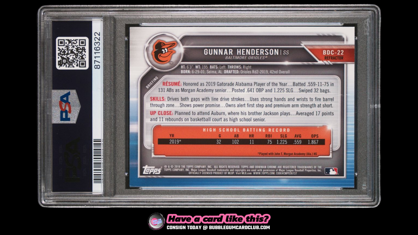 2019 Bowman Chrome Gunnar Henderson 1st Refractor PSA 9 Orioles