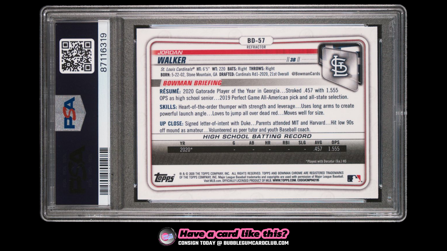 2020 Bowman Draft Jordan Walker 1st Chrome Refractor PSA 9