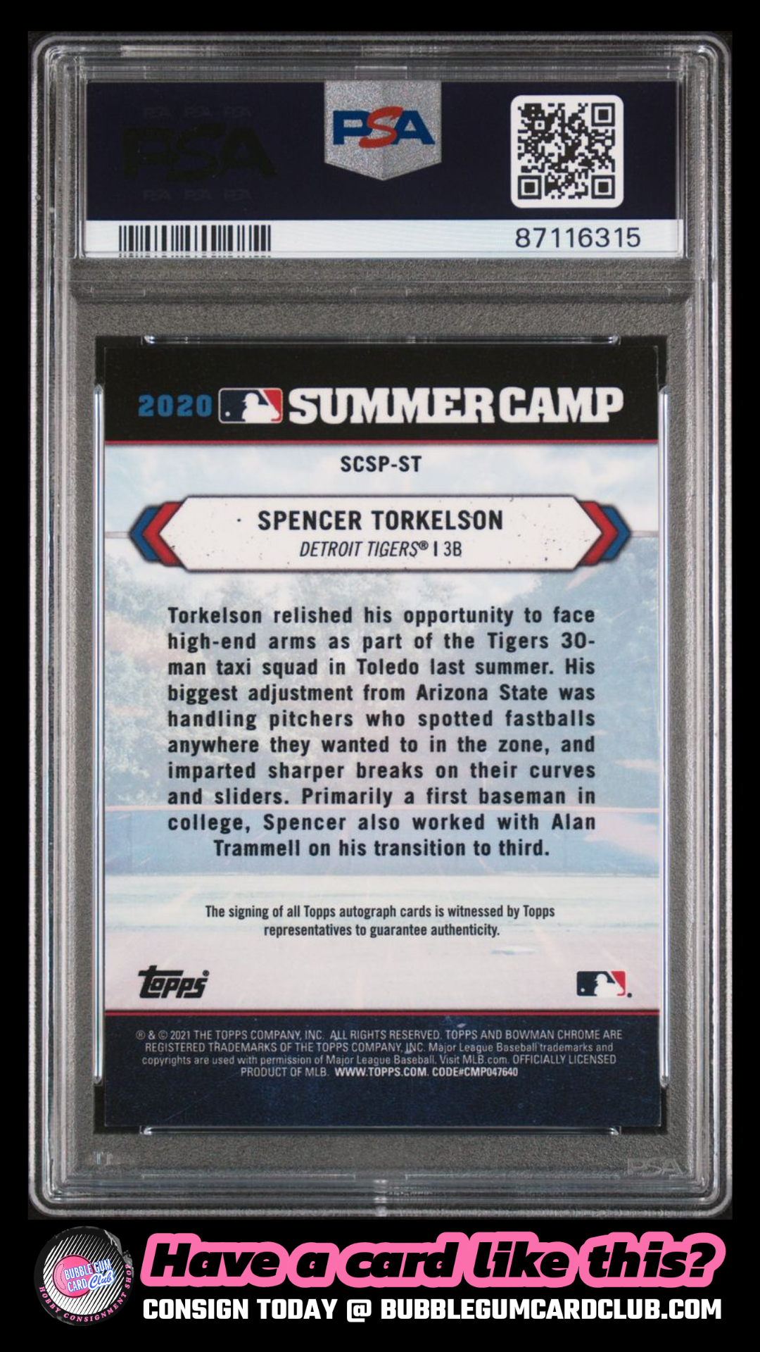 2021 Bowman Chrome Spencer Torkelson Summer Camp Auto /100 Detroit Tigers PSA 9