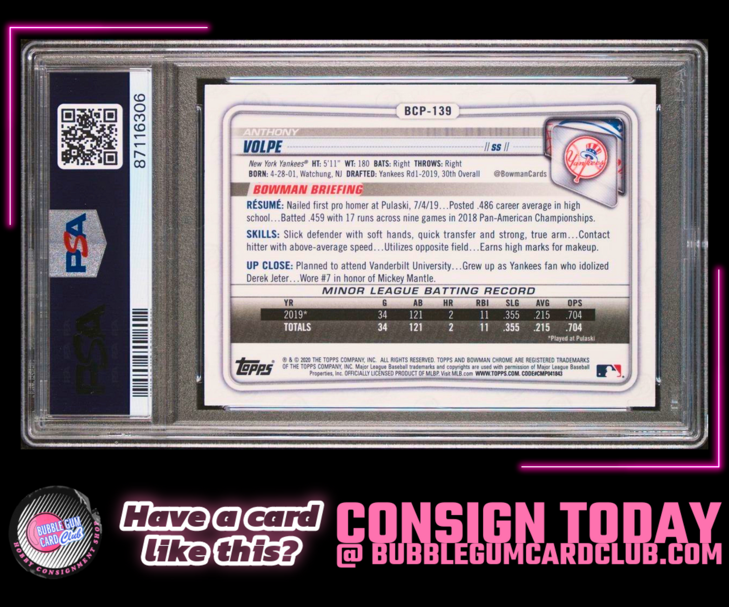 2020 Bowman Chrome Sapphire Edition Anthony Volpe #BCP-139 PSA 9 Yankees