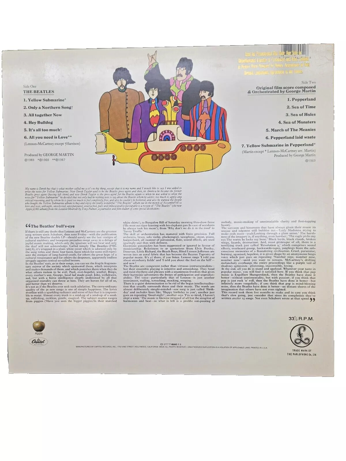 THE BEATLES "Yellow Submarine", Ltd Ed Vinyl LP 1995, Gold Stamp Promo Copy