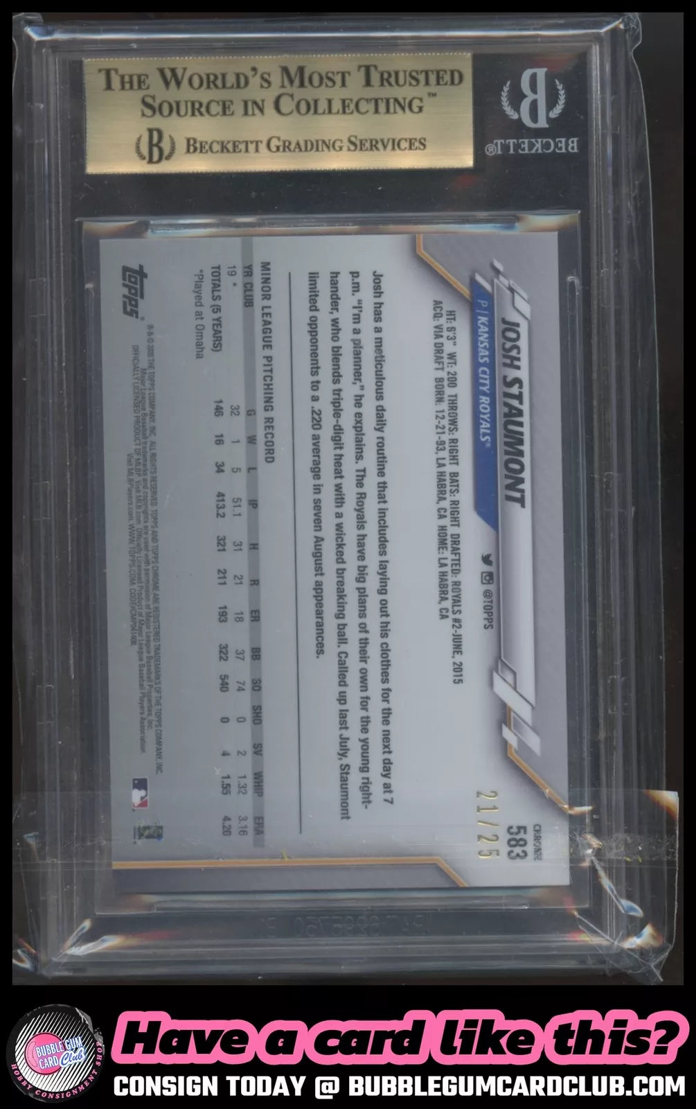 2020 Topps Chrome Sapphire Josh Staumont Orange Refractor /25 Royals BGS 9.5