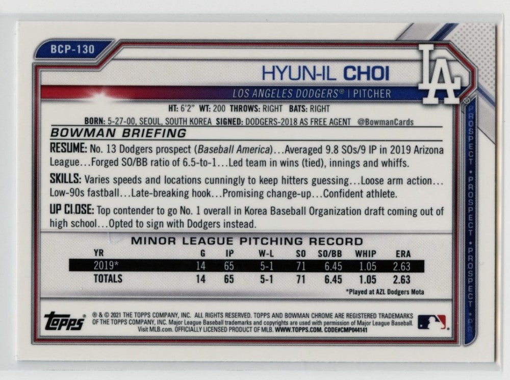 2021 Bowman Hyun-il Choi #BCP-130 1st Chrome Prospect Los Angeles Dodgers|3442
