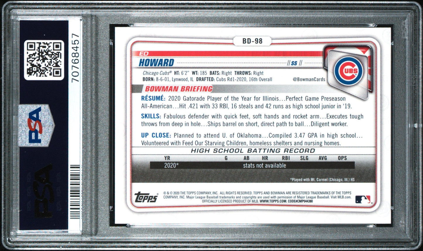 2020 Bowman Draft Ed Howard 1st Edition Gold Foil /50 #BD98 PSA 9