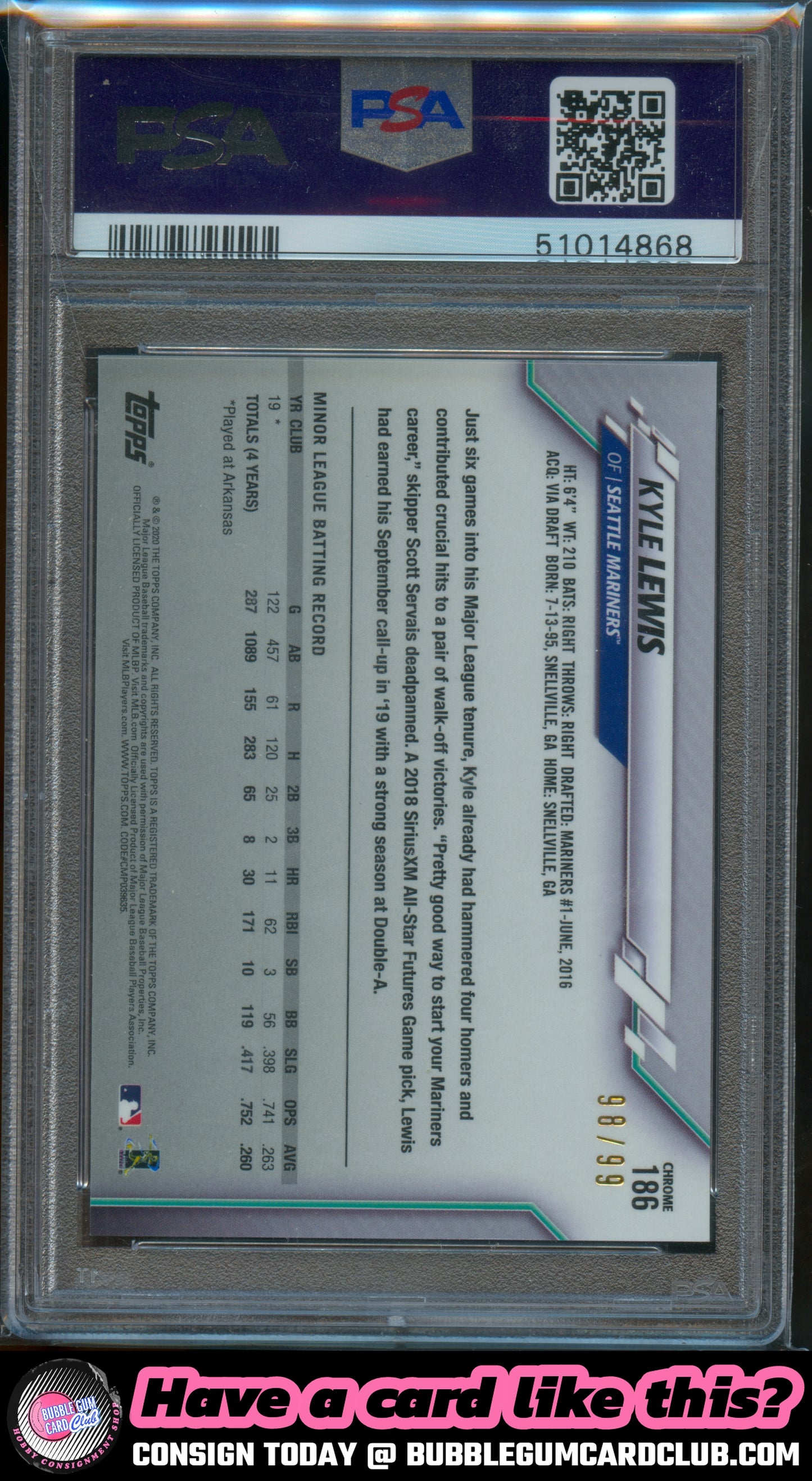 2020 Topps Chrome Kyle Lewis Green Refractor #/99 Seattle Mariners PSA 9