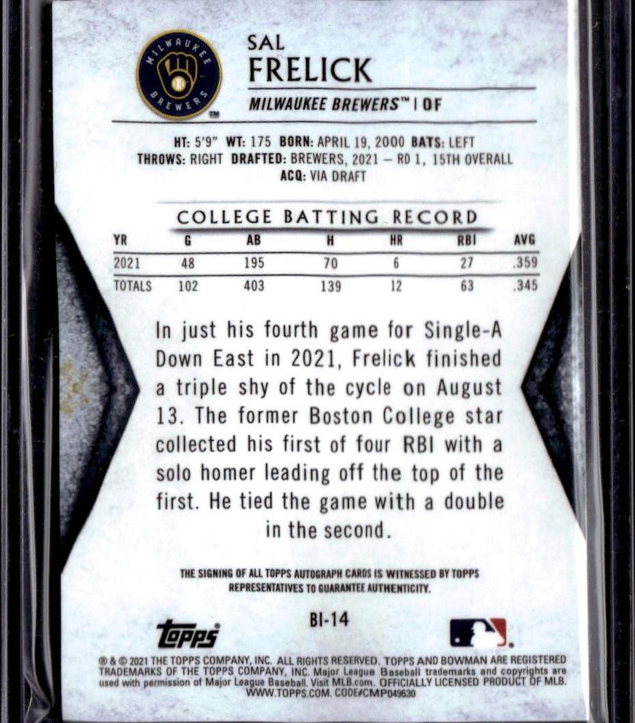 2021 Bowman Draft Sal Frelick Invicta Gold Atomic Refractor Auto /50 Brewers