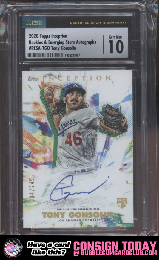 2020 Topps Inception Tony Gonsolin Auto /245 Los Angeles Dodgers CSG 10