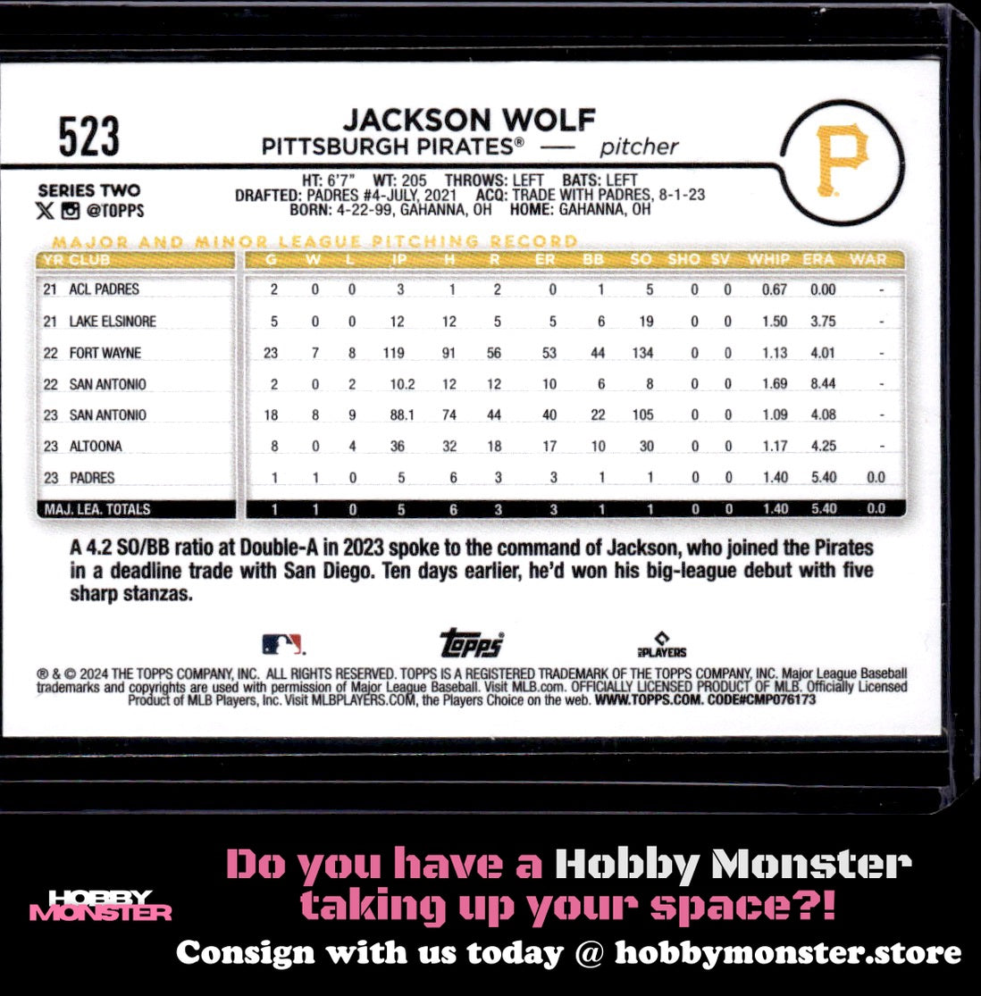 2024 Topps Jackson Wolf Yellow Rookie Pittsburgh Pirates