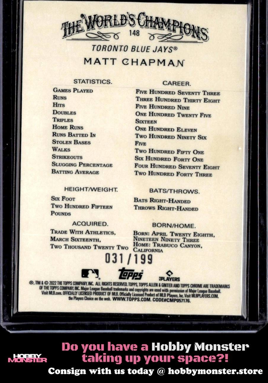 2022 Topps Allen & Ginter Chrome Matt Chapman Magenta Refractor /199 Toronto