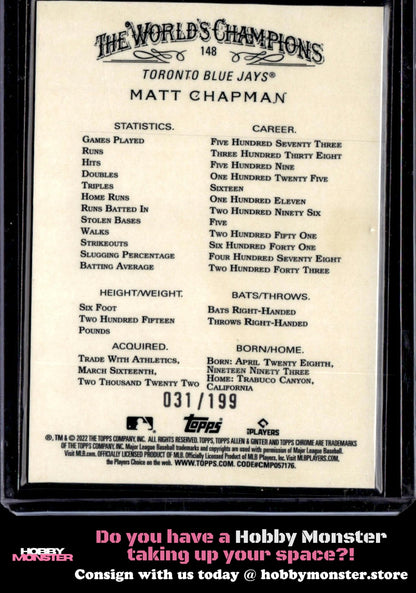 2022 Topps Allen & Ginter Chrome Matt Chapman Magenta Refractor /199 Toronto