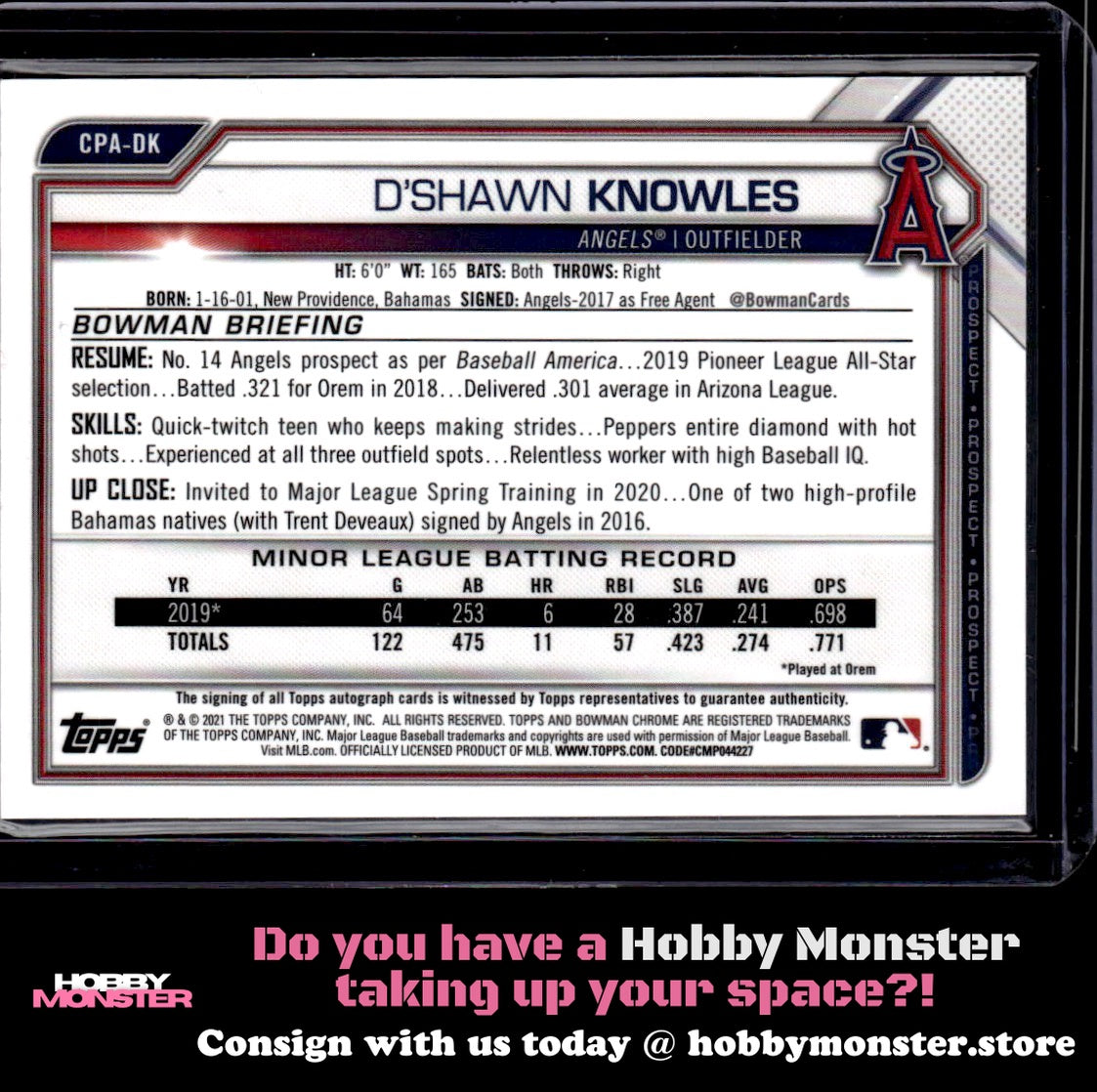 2021 Bowman D'Shawn Knowles Chrome Purple Refractor Auto #/250 Angels