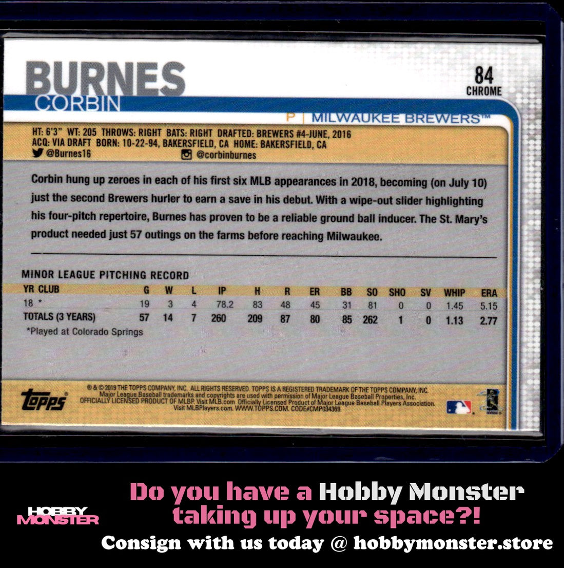 2019 Topps Chrome Corbin Burnes Prism Refractor Rookie Milwaukee Brewers