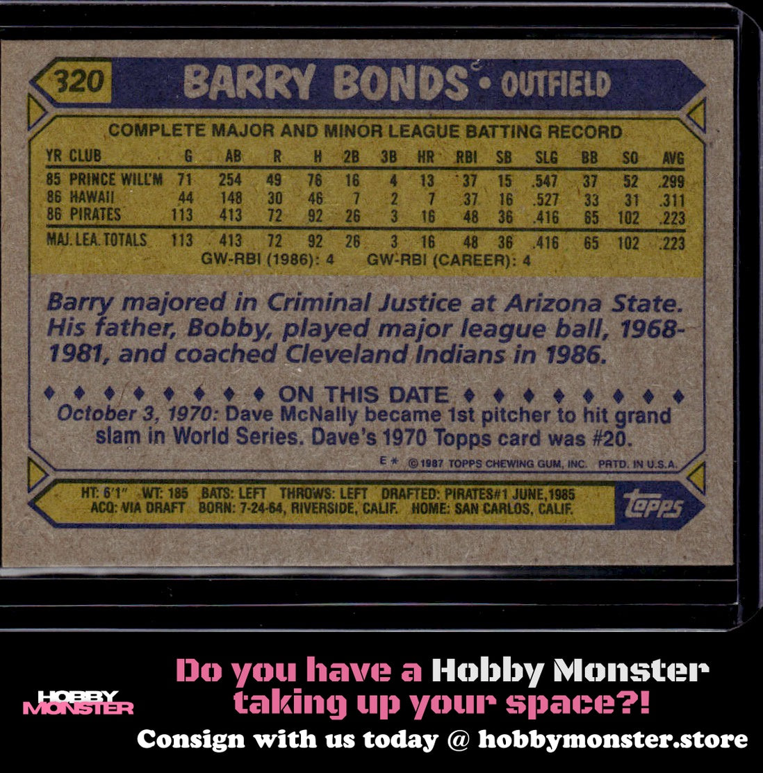 1987 Topps Barry Bonds Rookie Pittsburgh Pirates