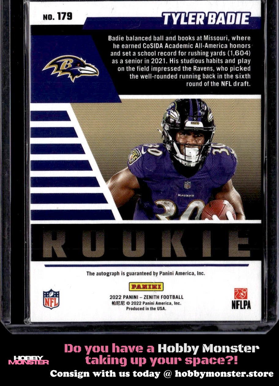 2022 Zenith Tyler Badie Autographs Rookie Auto #/50 Baltimore Ravens