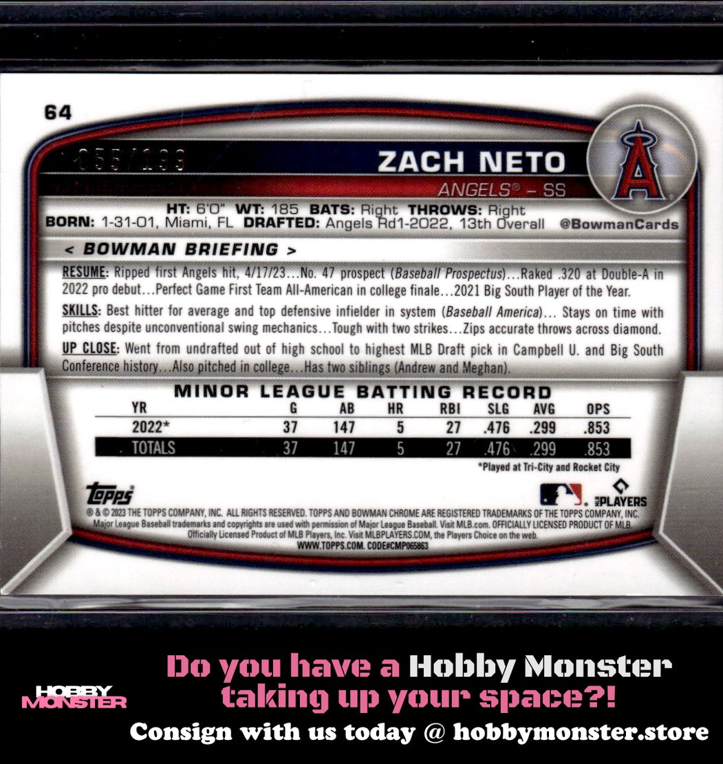2023 Bowman Chrome Zach Neto Aqua RayWave Refractor Rookie #/199 Angels