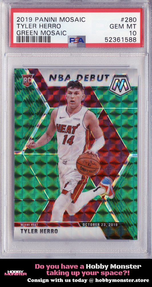 2019-20 Panini Mosaic Tyler Herro Green Prizm Rookie Miami Heat PSA 10