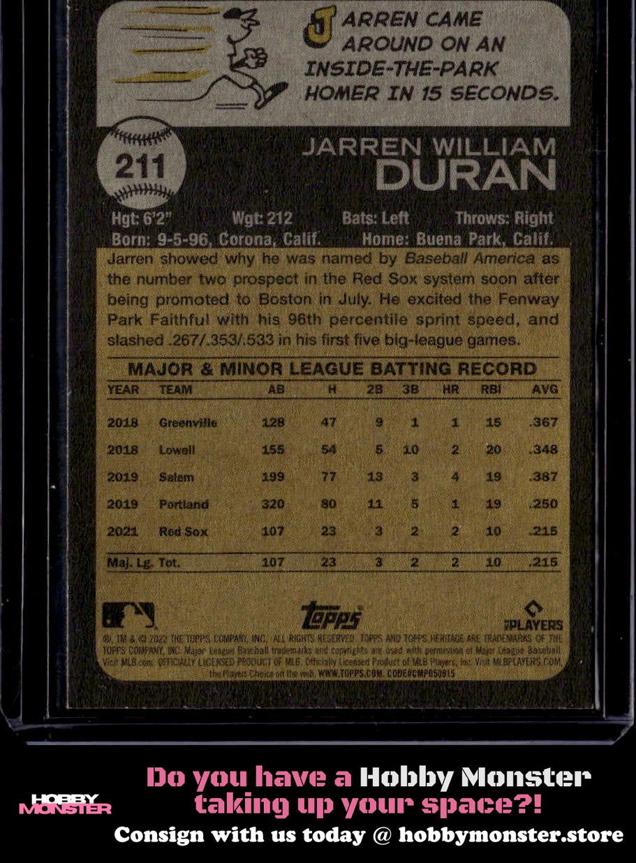 2022 Topps Heritage Jarren Duran Team Name Color Swap Variation Boston Red Sox
