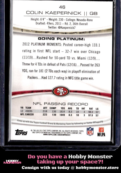 2013 Topps Platinum Colin Kaepernick Sapphire San Francisco 49ers