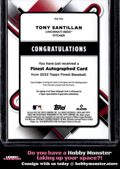 2022 Finest Tony Santillan Blue Refractors Auto #/150 Cincinnati Reds
