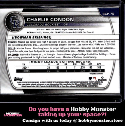 2025 Bowman Charlie Condon Chrome Prospects Colorado Rockies