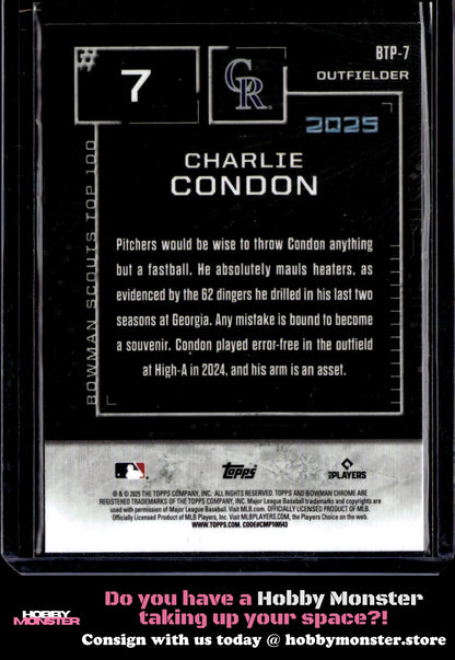 2025 Bowman Charlie Condon Bowman Scouts Top 100 Colorado Rockies