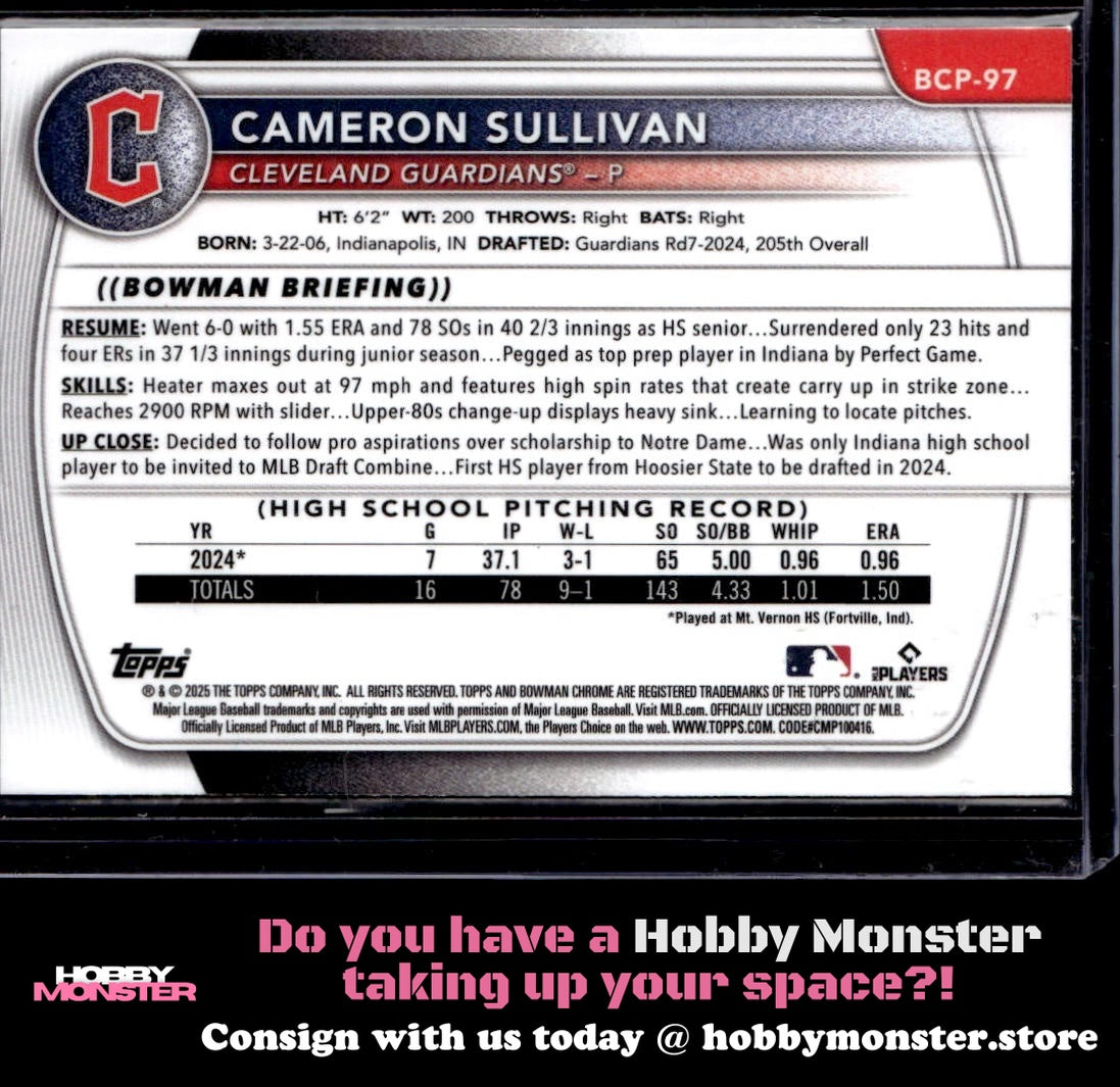 2025 Bowman Cameron Sullivan Chrome Mini Diamond Refractor Cleveland Guardians