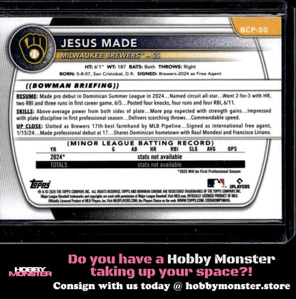 2025 Bowman Jesus Made Chrome Fuchsia Refractor #/199 Milwaukee Brewers