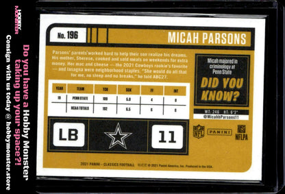 2021 Panini Classics Micah Parsons Premium Edition Rookie Dallas Cowboys